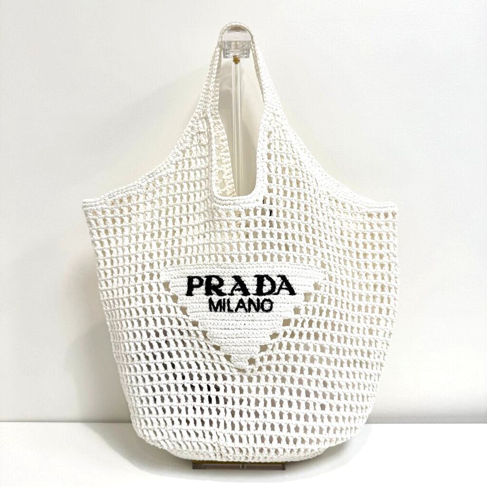PRADA White Triangle Logo Raffia Hobo Tote Bag Black Milano Crochet Beach